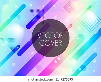 Holographic paper memphis purple background in rainbow neon colors. Fashion magazine cover background with neon metallic gradient hologram. Holographic vector design for invitation, cover, booklet.