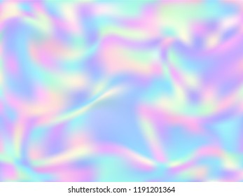 Holographic paper trendy background in neon colors. Fashion magazine cover background with neon metallic gradient hologram. Holographic vector design for invitation, cover, booklet.