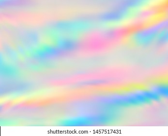 Holographic paper trendy background in neon rainbow colors. Fashion magazine cover background with neon pastel gradient hologram. Holographic vector design for poster, booklet, catalog cover.