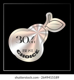 Holographic pear sticker. Sale, 30% off, best price. Fruit sale promotion offer. Vector image.