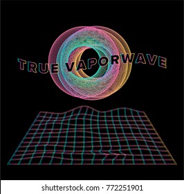 Holographic pearly grid with 3d torus on black background. 