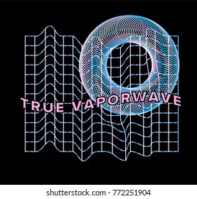 Holographic pearly grid with 3d torus on black background. 