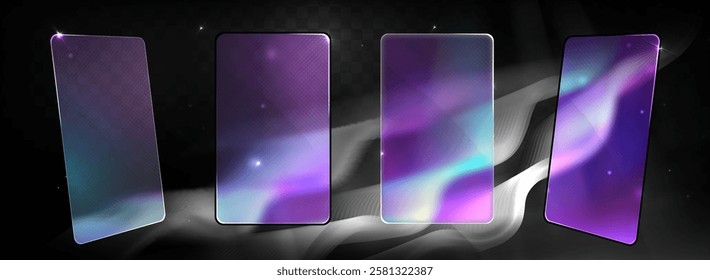 Holographic Phone Wallpapers. Glassmorphism screens smartphone. Transparent matt glass plates on the gray color northern lights in the night starry sky background. Aurora Borealis