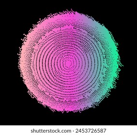 Círculos concéntricos pixelados holográficos sobre fondo oscuro.