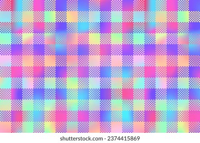 Fondo del patrón holográfico. Impresión texturada de gradiente de gradiente de arcoiris a cuadros vectoriales. Brillante textura de yeso irlandés para la moda, la impresión, el diseño, los papeles pintados.