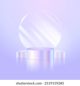 Podio de la plataforma holográfica y diseño moderno realista de la exhibición de cristal transparente para la presentación del producto, maqueta de la belleza de los cosméticos, escaparate. Podio para la publicidad. Vector de fondo universal