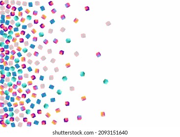 Holographic Polygon Vector White Background. Rainbow Shiny Brick Image. Style Cube Template. Multicolored Confetti Business Presentation.