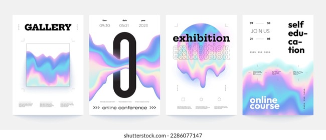 Holographic poster. Abstract geometric covers with bright vivacious surrealistic gradient. Vector hipster bright colorful light effects banners of holographic geometric cover poster illustration