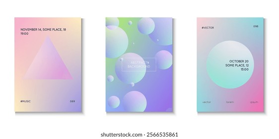 Holographic Poster. Elegant Elements. Fluorescent Hipster Banner. Gradient Shape. Minimal Background. Violet Triangle Set. Cyberpunk Bright Template. Pink Holographic Poster