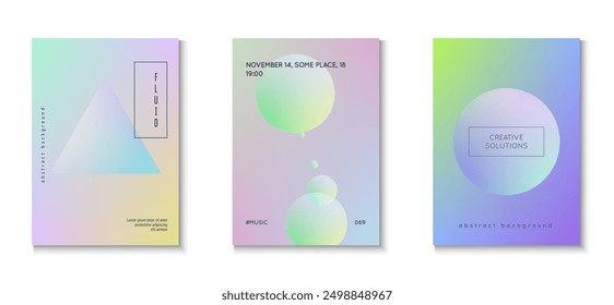 Holographic Poster. Gradient Background. Hipster Banner. Purple Triangle Set. Geometric Modern Collection. Fluorescent Creative Elements. Abstract Shape. Pink Holographic Poster