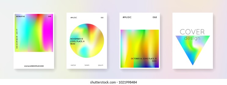 Holographic poster set. Abstract backgrounds. Liquid holographic poster with gradient mesh. 90s, 80s retro style. Iridescent graphic template for placard, presentation, banner, brochure.