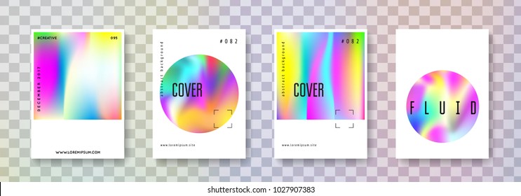 Holographic poster set. Abstract backgrounds. Futuristic  holographic poster with gradient mesh. 90s, 80s retro style. Iridescent graphic template for brochure, banner, wallpaper, mobile screen.