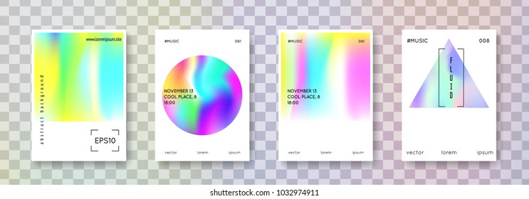 Holographic poster set. Abstract backgrounds. Futuristic  holographic poster with gradient mesh. 90s, 80s retro style. Iridescent graphic template for brochure, banner, wallpaper, mobile screen.