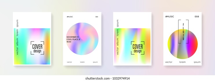 Holographic poster set. Abstract backgrounds. Futuristic  holographic poster with gradient mesh. 90s, 80s retro style. Iridescent graphic template for brochure, banner, wallpaper, mobile screen.