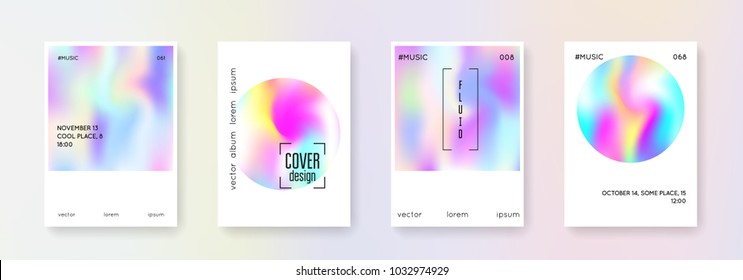 Juego de afiches holográficos. Antecedentes abstractos. Afiche holográfico futurista con malla gradiente. estilo retro de los años 90 y 80. Plantilla gráfica iridiscente para folleto, banner, papel pintado, pantalla móvil.