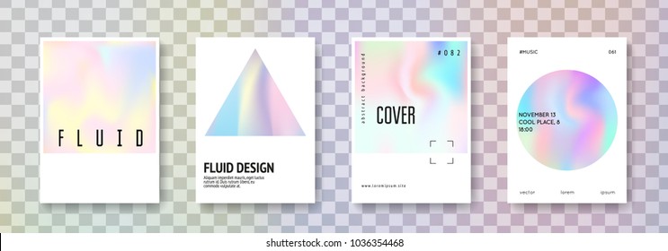 Holographic poster set. Abstract backgrounds. Hipster holographic poster with gradient mesh. 90s, 80s retro style. Iridescent graphic template for book, annual, mobile interface, web app.
