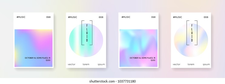 Holographic poster set. Abstract backgrounds. Liquid holographic poster with gradient mesh. 90s, 80s retro style. Pearlescent graphic template for placard, presentation, banner, brochure.