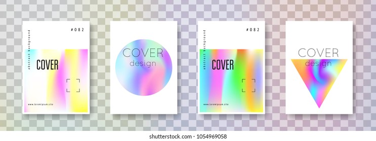 Holographic poster set. Abstract backgrounds. Bright holographic poster with gradient mesh. 90s, 80s retro style. Iridescent graphic template for placard, presentation, banner, brochure.