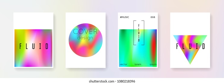 Holographic poster set. Abstract backgrounds. Liquid holographic poster with gradient mesh. 90s, 80s retro style. Iridescent graphic template for brochure, banner, wallpaper, mobile screen
