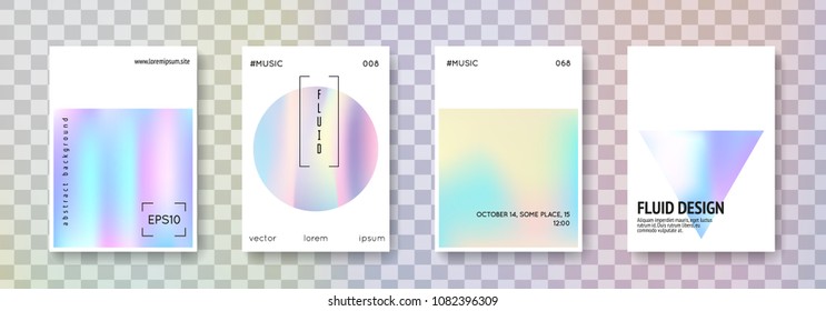 Holographic poster set. Abstract backgrounds. Bright holographic poster with gradient mesh. 90s, 80s retro style. Pearlescent graphic template for placard, presentation, banner, brochure.