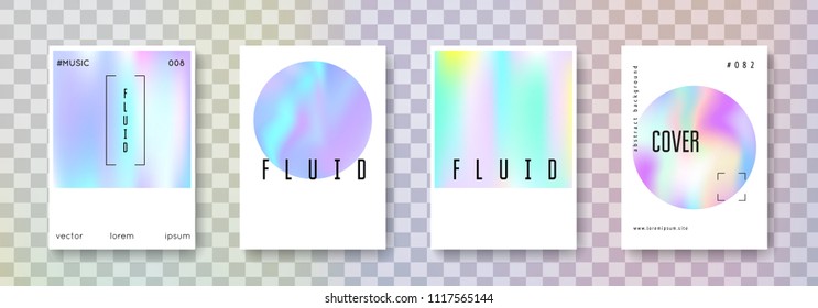 Holographic poster set. Abstract backgrounds. Trendy holographic poster with gradient mesh. 90s, 80s retro style. Pearlescent graphic template for book, annual, mobile interface, web app.