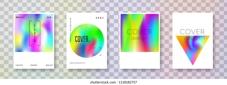 Holographic poster set. Abstract backgrounds. Neon holographic poster with gradient mesh. 90s, 80s retro style. Iridescent graphic template for brochure, banner, wallpaper, mobile screen