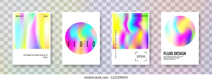 Holographic poster set. Abstract backgrounds. Liquid holographic poster with gradient mesh. 90s, 80s retro style. Iridescent graphic template for placard, presentation, banner, brochure.