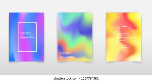 Holographic poster set. Abstract backgrounds. Futuristic holographic Foil poster with gradient mesh. 90s, 80s retro style. Iridescent graphic template for brochure, banner, wallpaper, mobile screen.