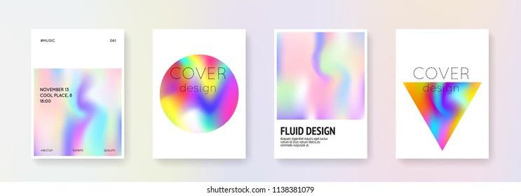 Holographic poster set. Abstract backgrounds. Rainbow holographic poster with gradient mesh. 90s, 80s retro style. Iridescent graphic template for brochure, banner, wallpaper, mobile screen