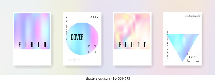 Holographic poster set. Abstract backgrounds. Multicolor holographic poster with gradient mesh. 90s, 80s retro style. Iridescent graphic template for placard, presentation, banner, brochure.