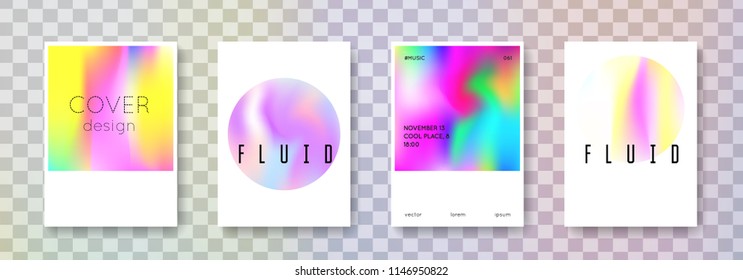 Holographic poster set. Abstract backgrounds. Spectrum holographic poster with gradient mesh. 90s, 80s retro style. Pearlescent graphic template for placard, presentation, banner, brochure.