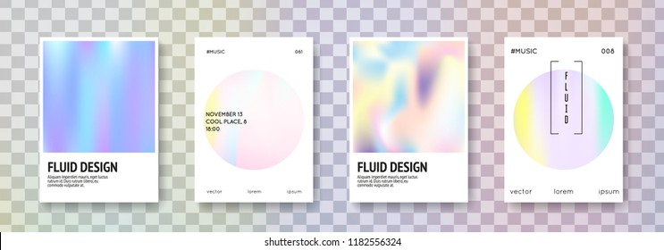 Holographic poster set. Abstract backgrounds. Trendy holographic poster with gradient mesh. 90s, 80s retro style. Iridescent graphic template for book, annual, mobile interface, web app.