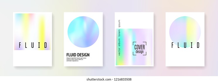 Holographic poster set. Abstract backgrounds. Vintage holographic poster with gradient mesh. 90s, 80s retro style. Iridescent graphic template for placard, presentation, banner, brochure.