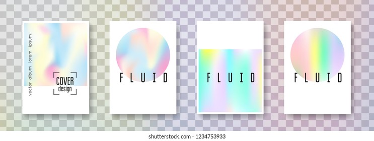 Holographic poster set. Abstract backgrounds. Trendy holographic poster with gradient mesh. 90s, 80s retro style. Iridescent graphic template for book, annual, mobile interface, web app.