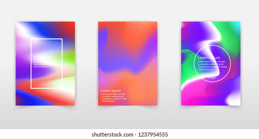 Holographic poster set. Abstract backgrounds. Hipster holographic poster with gradient mesh. 90s, 80s retro style. Pearlescent graphic template for placard, presentation, banner, brochure.