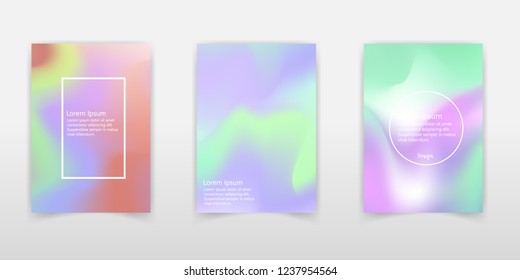 Holographic poster set. Abstract backgrounds. Hipster holographic poster with gradient mesh. 90s, 80s retro style. Pearlescent graphic template for placard, presentation, banner, brochure.