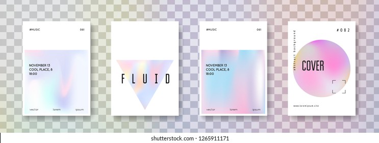 Holographic poster set. Abstract backgrounds. Futuristic holographic poster with gradient mesh. 90s, 80s retro style. Iridescent graphic template for placard, presentation, banner, brochure.
