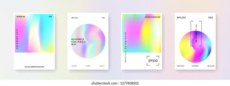 Holographic poster set. Abstract backgrounds. Vibrant holographic poster with gradient mesh. 90s, 80s retro style. Iridescent graphic template for brochure, banner, wallpaper, mobile screen