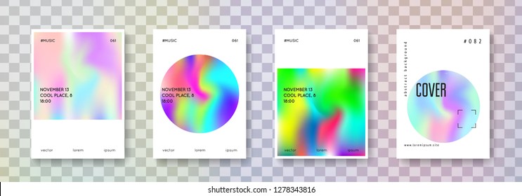 Holographic poster set. Abstract backgrounds. Liquid holographic poster with gradient mesh. 90s, 80s retro style. Pearlescent graphic template for placard, presentation, banner, brochure.