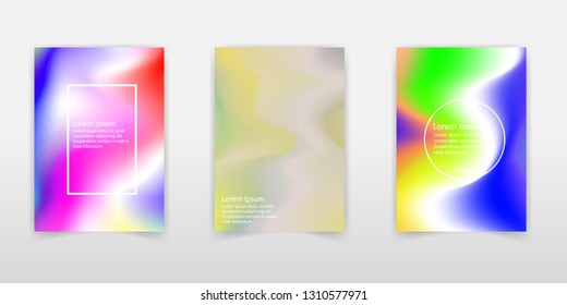 Holographic poster set. Abstract backgrounds. Futuristic holographic Foil poster with gradient mesh. 90s, 80s retro style. Iridescent graphic template for brochure, banner, wallpaper, mobile screen.