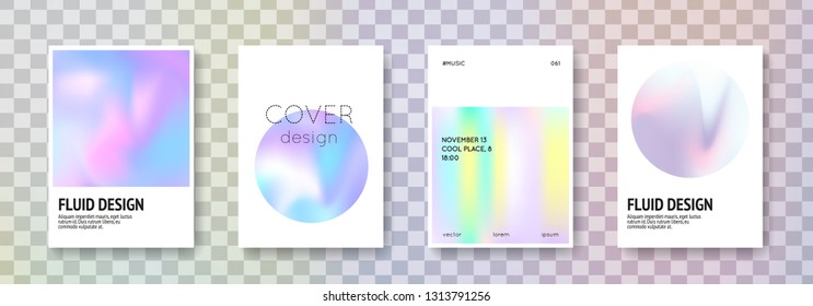 Holographic poster set. Abstract backgrounds. Stylish holographic poster with gradient mesh. 90s, 80s retro style. Pearlescent graphic template for book, annual, mobile interface, web app.
