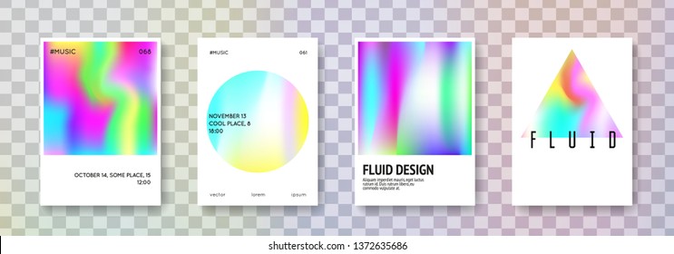 Holographic poster set. Abstract backgrounds. Vibrant holographic poster with gradient mesh. 90s, 80s retro style. Pearlescent graphic template for brochure, banner, wallpaper, mobile screen