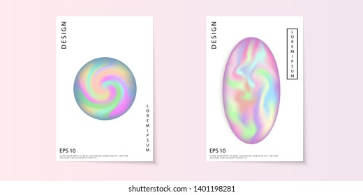 Holographic poster set. Abstract backgrounds. Futuristic holographic poster with gradient mesh. Light colorful background. Iridescent graphic template for brochure, banner, wallpaper. EPS 10 Vector 