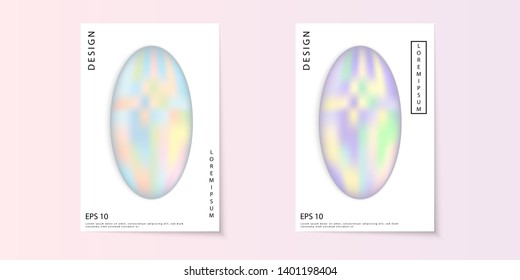 Holographic poster set. Abstract backgrounds. Futuristic holographic poster with gradient mesh. Iridescent graphic template for brochure, banner, wallpaper, mobile screen. EPS 10 Vector
