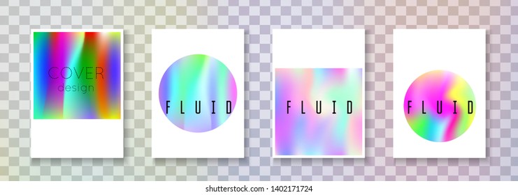 Holographic poster set. Abstract backgrounds. Liquid holographic poster with gradient mesh. 90s, 80s retro style. Iridescent graphic template for book, annual, mobile interface, web app.