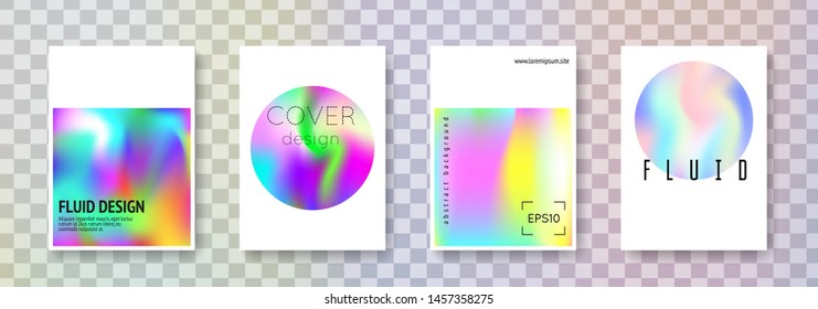 Holographic poster set. Abstract backgrounds. Vibrant holographic poster with gradient mesh. 90s, 80s retro style. Pearlescent graphic template for book, annual, mobile interface, web app.