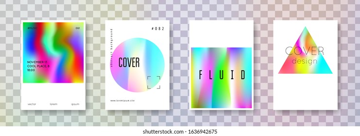 Holographic poster set. Abstract backgrounds. Plastic holographic poster with gradient mesh. 90s, 80s retro style. Pearlescent graphic template for book, annual, mobile interface, web app.