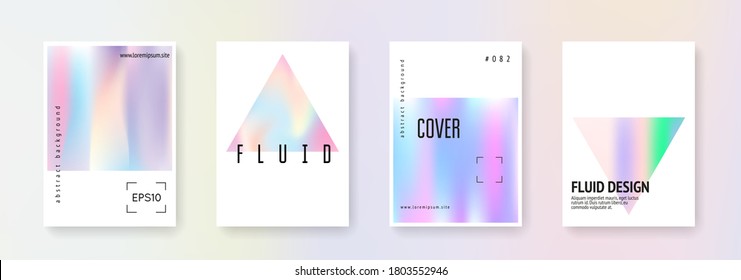 Juego de afiches holográficos. Antecedentes abstractos. Afiche holográfico Memphis con malla gradiente. Estilo retro de los años 90 y 80. Plantilla gráfica de Pearlescent para pancarta, presentación, banner, folleto.