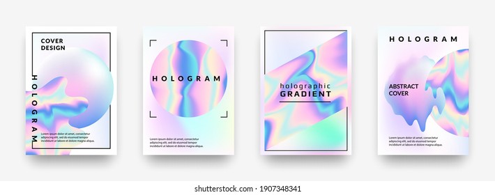 Holographic posters  Gradient minimal iridescent foil graphic mesh  neon purple   pink 90s trendy effect  Vector abstract hologram cover collection  pearlescent horizontal minimal background set