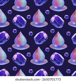 Holographic Potion and Crystal Seamless Pattern. Iridescent Drops and Gemstones on Dark Background